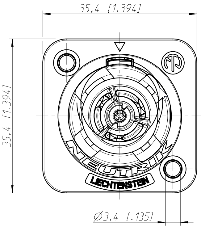 Neutrik NAC3FPX-TOP front view, drawing copyright Neutrik, https://www.neutrik.com/en/product/nac3fpx-top